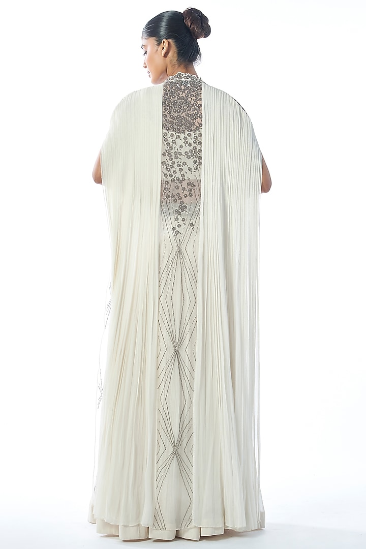 Ivory Georgette Cutdana & Beads Embroidered Jacket Wedding Lehenga Set by Rishi & Soujit at Pernia's Pop Up Shop