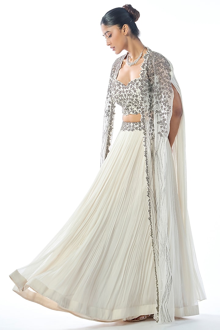 Ivory Georgette Cutdana & Beads Embroidered Jacket Wedding Lehenga Set by Rishi & Soujit at Pernia's Pop Up Shop