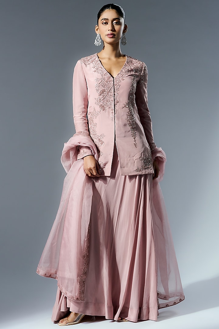 Pink Crepe Cutdana & Sequins Embroidered Hand-Dyed Sharara Set by Rishi & Soujit at Pernia's Pop Up Shop