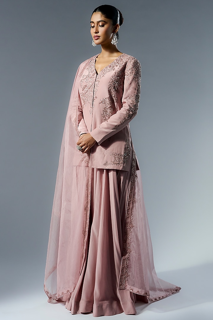 Pink Crepe Cutdana & Sequins Embroidered Hand-Dyed Wedding Sharara Set by Rishi & Soujit at Pernia's Pop Up Shop