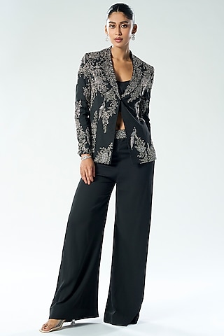 Black Georgette Cutdana & Sequins Embroidered Blazer Set by Rishi & Soujit