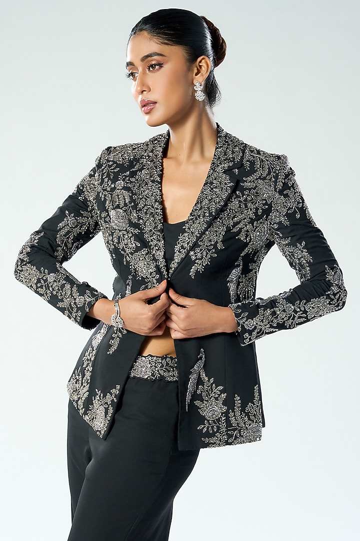 Black Georgette Cutdana & Sequins Embroidered Blazer Set by Rishi & Soujit at Pernia's Pop Up Shop