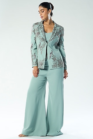 Dusky Blue Georgette Cutdana & Sequins Embroidered Blazer Set by Rishi & Soujit