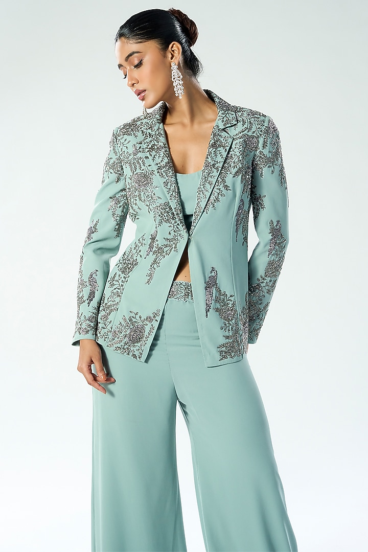 Dusky Blue Georgette Cutdana & Sequins Embroidered Blazer Set by Rishi & Soujit at Pernia's Pop Up Shop