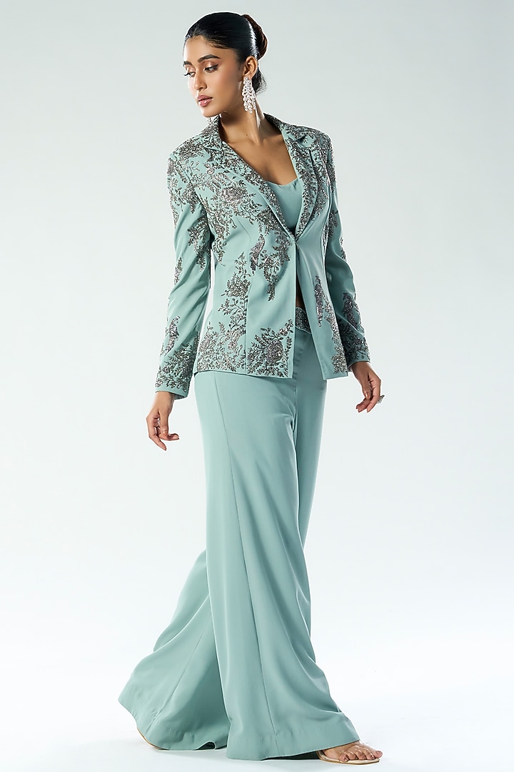 Dusky Blue Georgette Cutdana & Sequins Embroidered Blazer Set by Rishi & Soujit at Pernia's Pop Up Shop