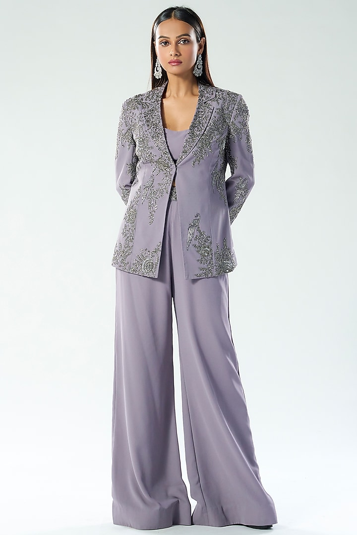 Lilac Georgette Cutdana & Sequins Embroidered Blazer Set by Rishi & Soujit at Pernia's Pop Up Shop