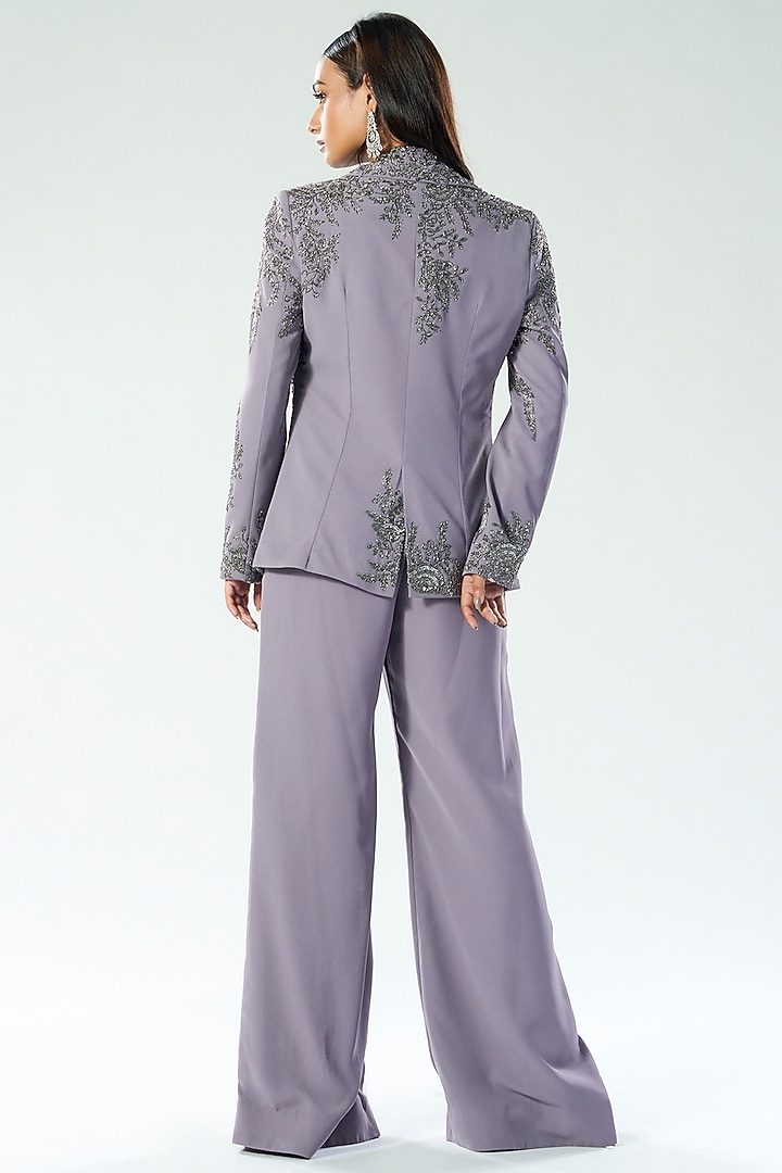 Lilac Georgette Cutdana & Sequins Embroidered Blazer Set by Rishi & Soujit at Pernia's Pop Up Shop