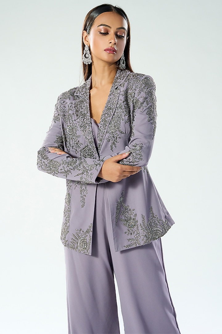 Lilac Georgette Cutdana & Sequins Embroidered Blazer Set by Rishi & Soujit at Pernia's Pop Up Shop