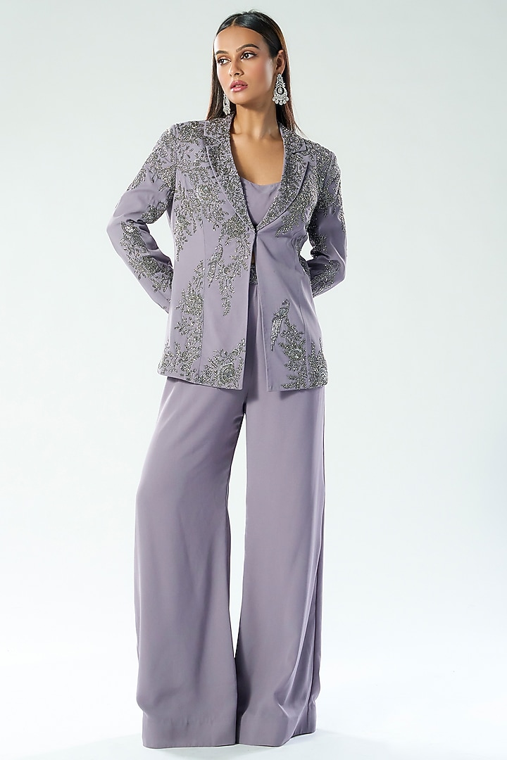 Lilac Georgette Cutdana & Sequins Embroidered Blazer Set by Rishi & Soujit at Pernia's Pop Up Shop