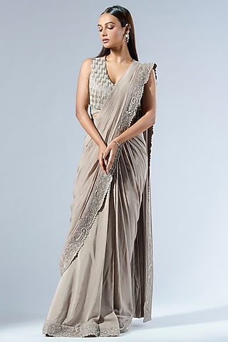 Ivory Crepe 3D Applique Work Draped Saree Set by Rishi & Soujit