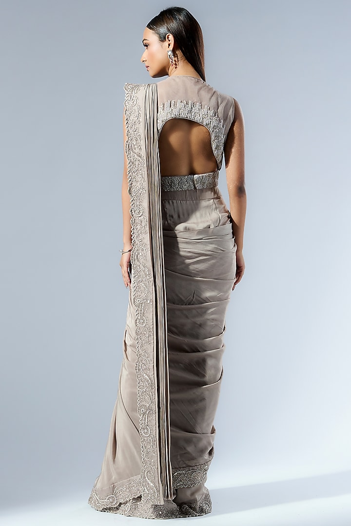 Ivory Crepe 3D Applique Work Draped Wedding Saree Set by Rishi & Soujit at Pernia's Pop Up Shop
