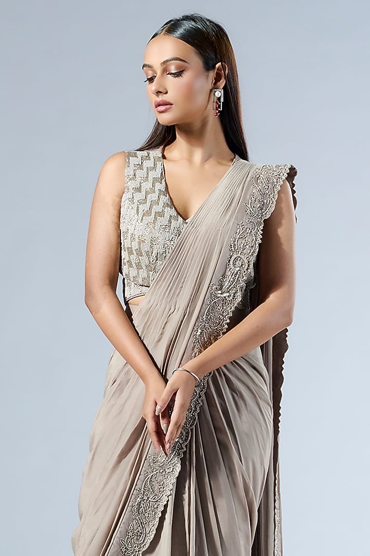 Ivory Crepe 3D Applique Work Draped Wedding Saree Set by Rishi & Soujit at Pernia's Pop Up Shop