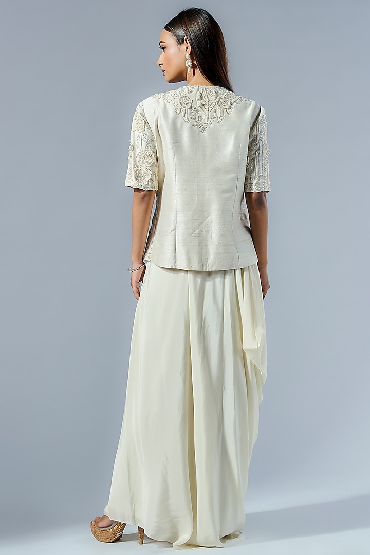 Ivory Crepe 3D Applique Work Draped Skirt Set by Rishi & Soujit at Pernia's Pop Up Shop