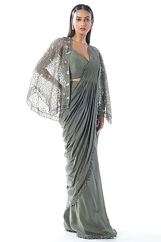 Sage Green Crepe Cutdana & Sequins Work Draped Saree Set by Rishi & Soujit