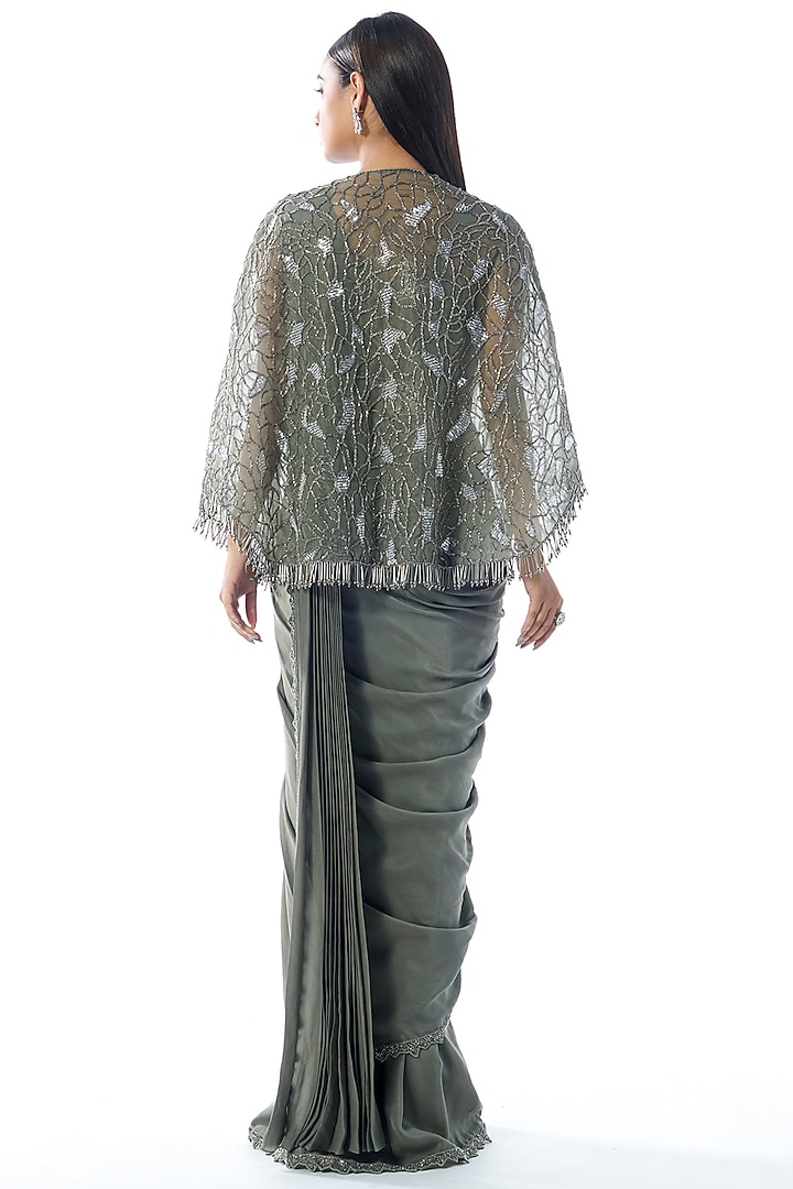 Sage Green Crepe Cutdana & Sequins Work Draped Wedding Saree Set by Rishi & Soujit at Pernia's Pop Up Shop