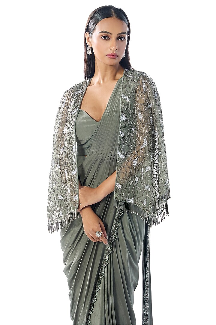 Sage Green Crepe Cutdana & Sequins Work Draped Wedding Saree Set by Rishi & Soujit at Pernia's Pop Up Shop