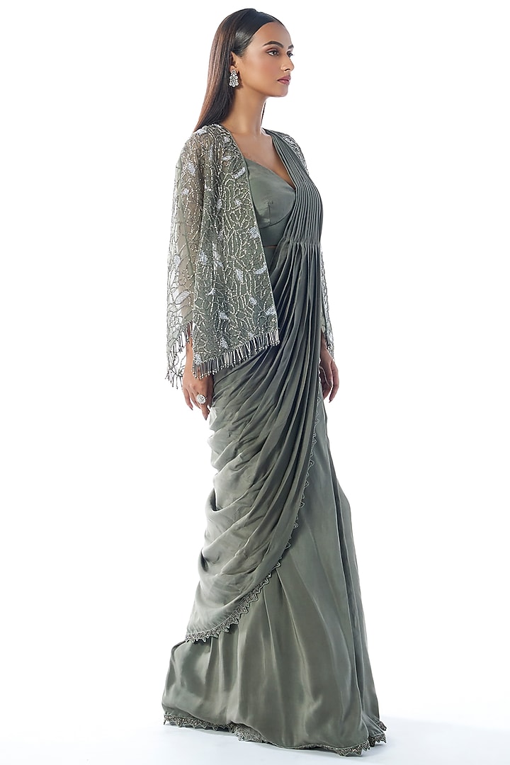 Sage Green Crepe Cutdana & Sequins Work Draped Wedding Saree Set by Rishi & Soujit at Pernia's Pop Up Shop