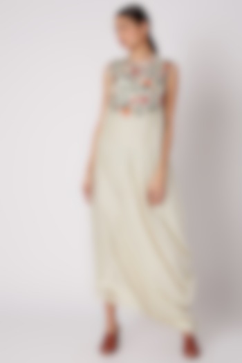 Beige Embroidered Draped Dress by Rishi & Soujit