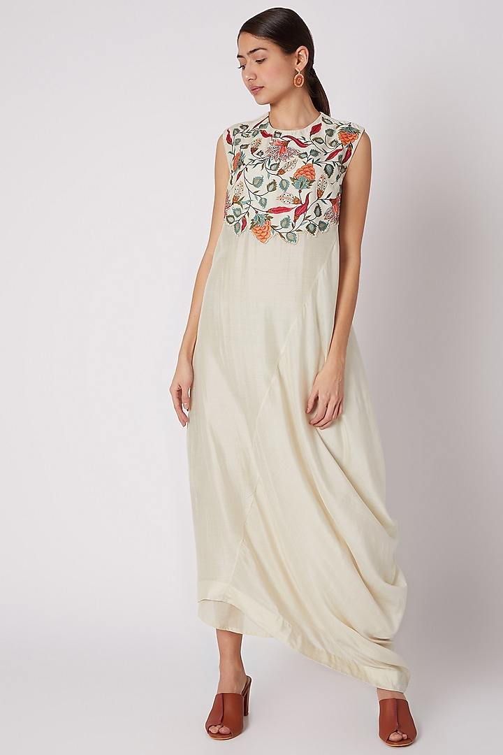 Beige Embroidered Draped Dress by Rishi & Soujit