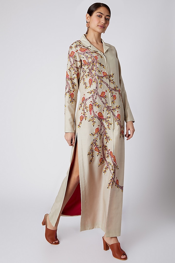 Beige Embroidered Shacket Dress by Rishi & Soujit
