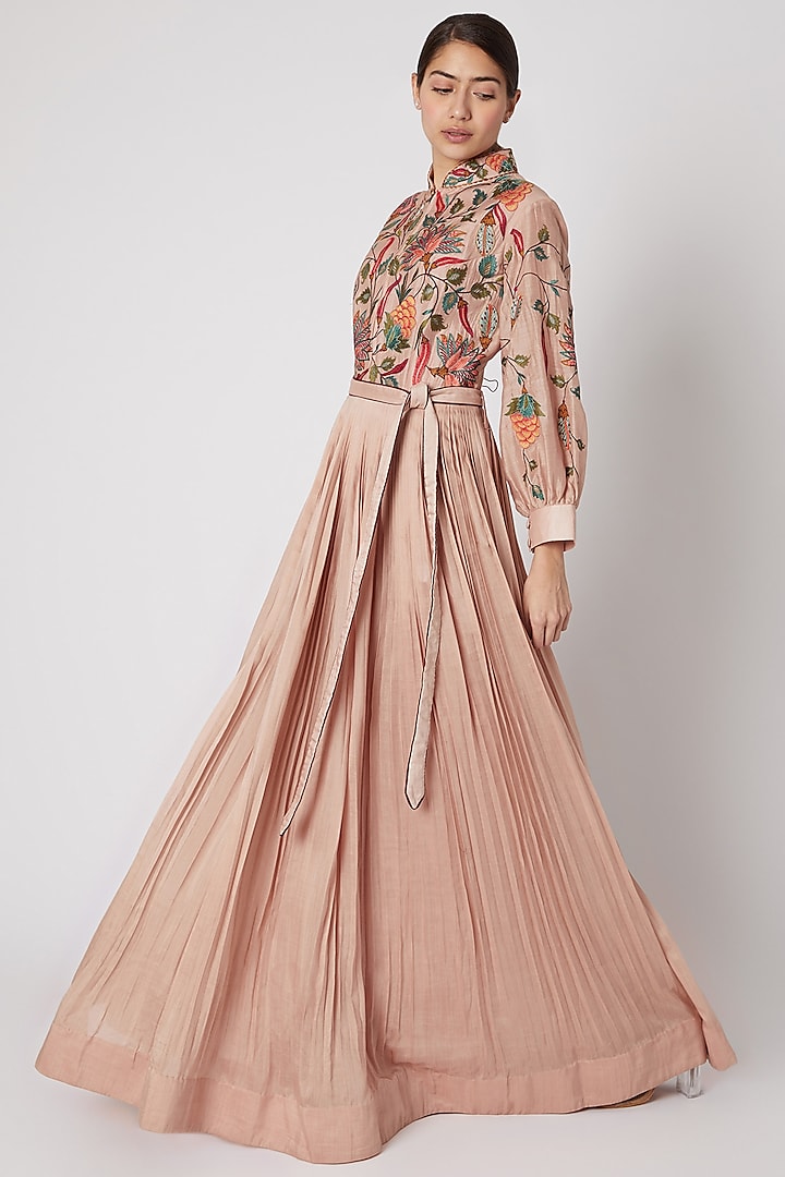 Peach Embroidered Pleated Anarkali With Belt by Rishi & Soujit