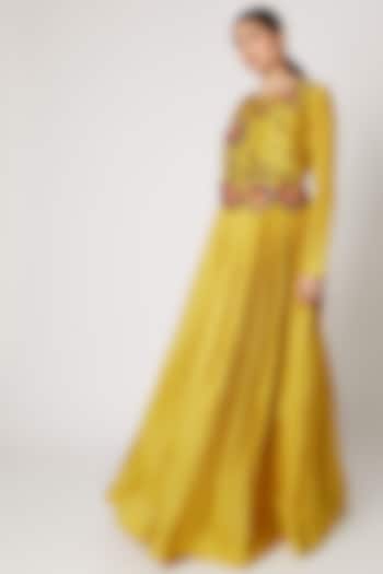 Yellow Embroidered Pleated Anarkali by Rishi & Soujit
