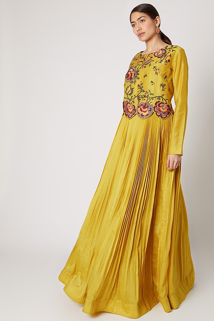 Yellow Embroidered Pleated Anarkali by Rishi & Soujit