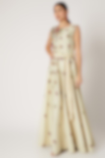 Beige Embroidered Pleated Anarkali With Belt by Rishi & Soujit