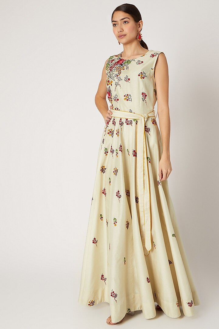 Beige Embroidered Pleated Anarkali With Belt by Rishi & Soujit
