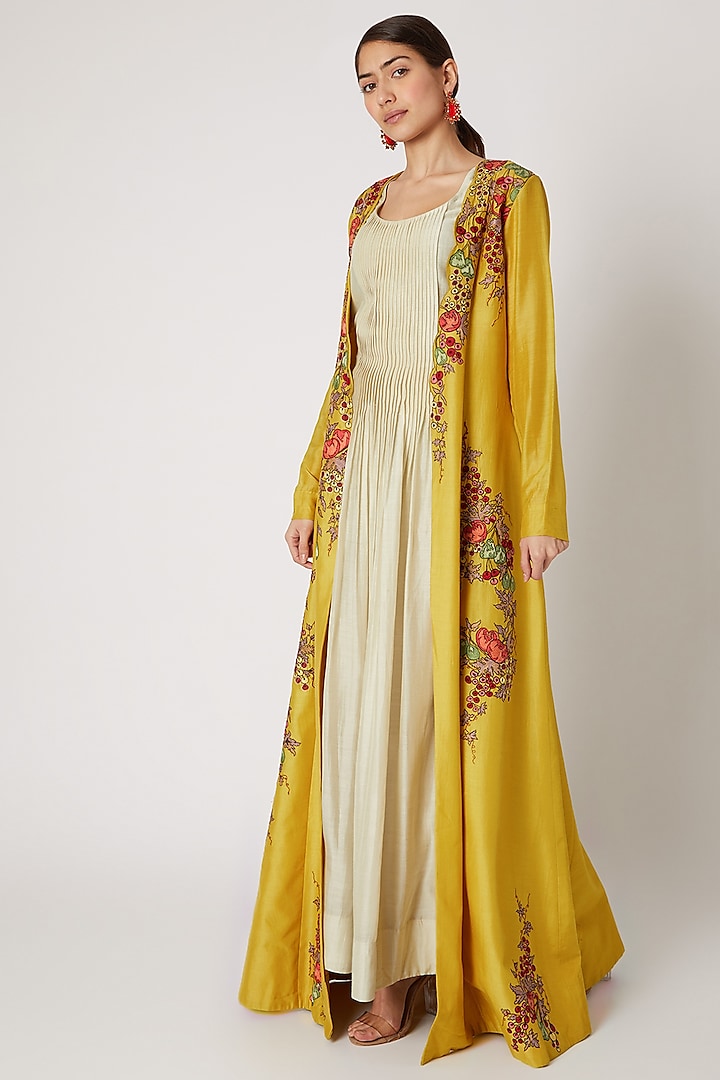 Beige Slip Dress With Yellow Embroidered Jacket by Rishi & Soujit