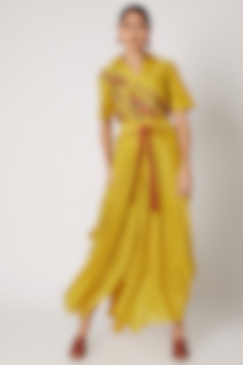 Yellow Embroidered Draped Dress With Belt by Rishi & Soujit