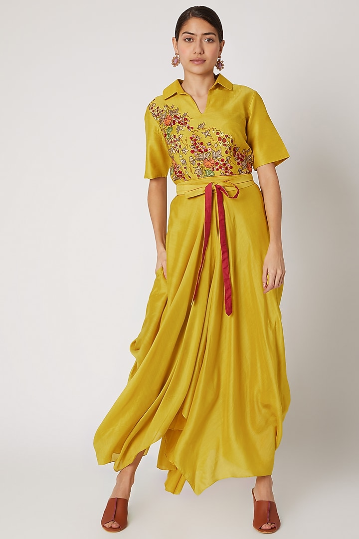 Yellow Embroidered Draped Vacation Dress With Belt by Rishi & Soujit at Pernia's Pop Up Shop