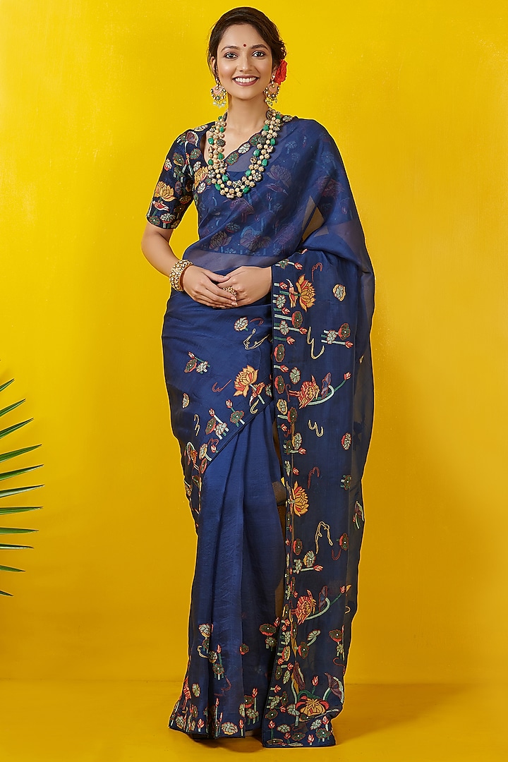 Persian Blue Embroidered Saree Set by Rishi & Soujit