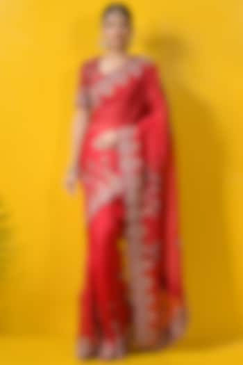 Red Embroidered Saree Set by Rishi & Soujit