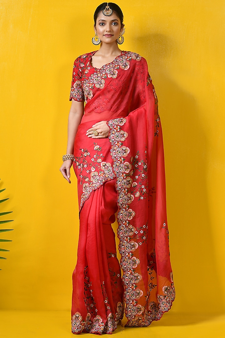 Red Embroidered Saree Set by Rishi & Soujit
