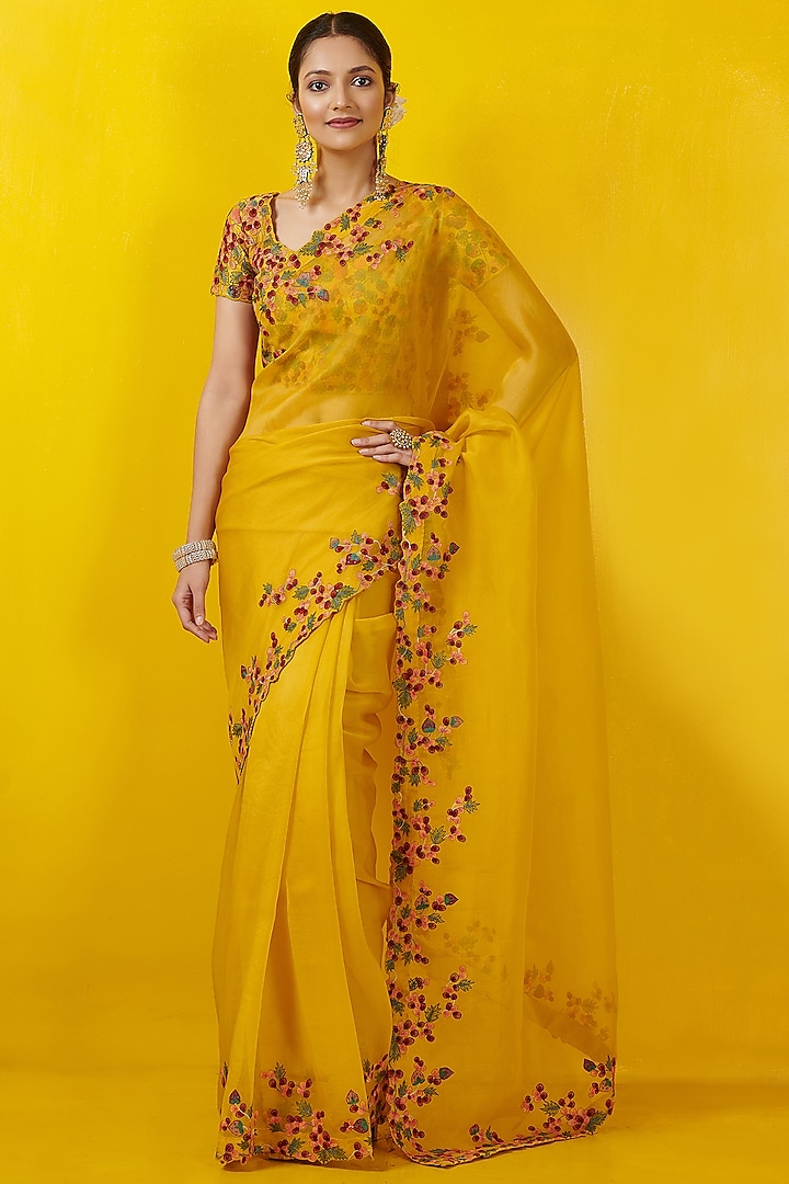 Mustard Yellow Embroidered Saree Set by Rishi & Soujit