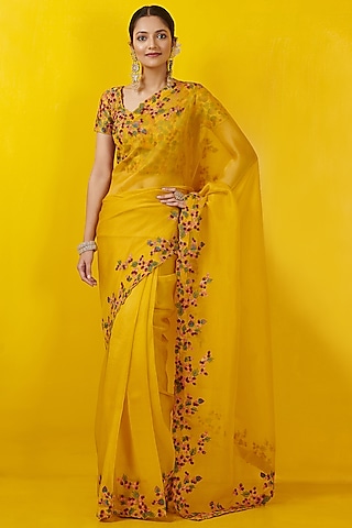 Mustard Yellow Embroidered Saree Set by Rishi & Soujit