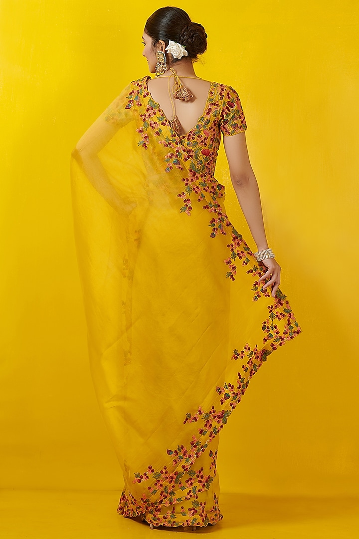Mustard Yellow Embroidered Party Wear Saree Set by Rishi & Soujit at Pernia's Pop Up Shop