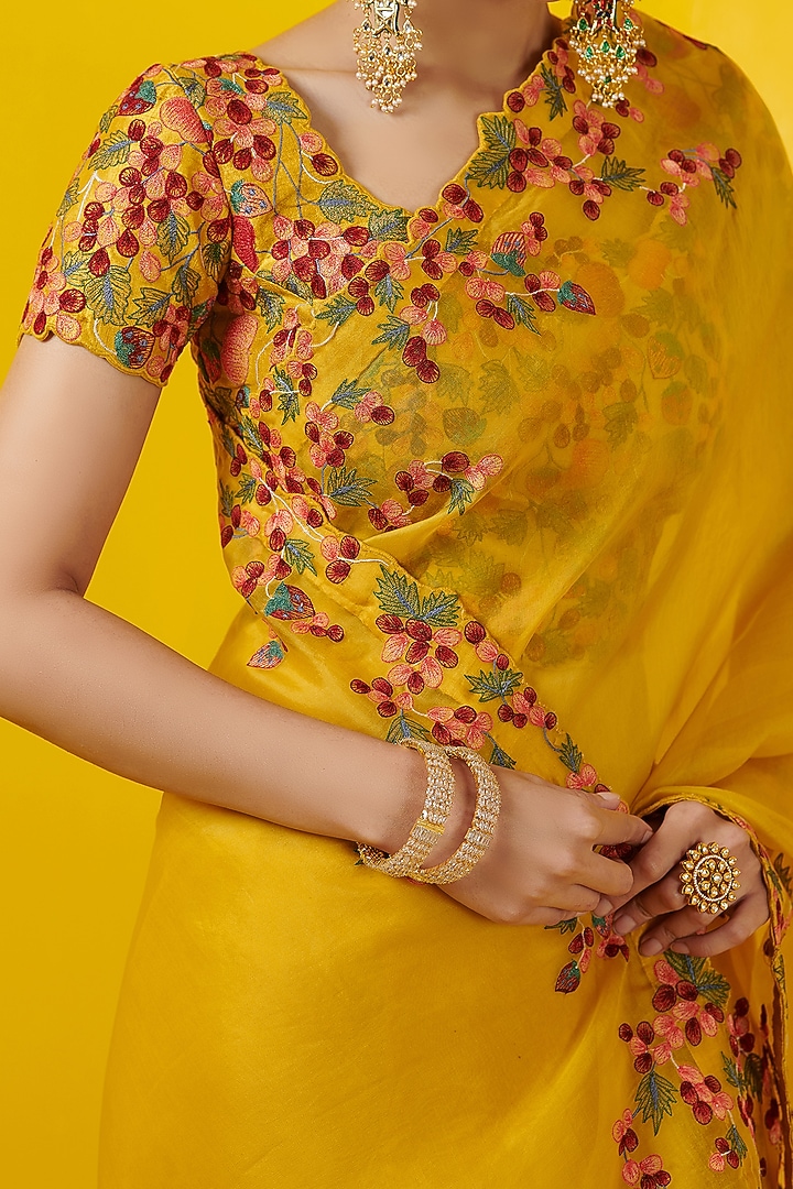 Mustard Yellow Embroidered Party Wear Saree Set by Rishi & Soujit at Pernia's Pop Up Shop