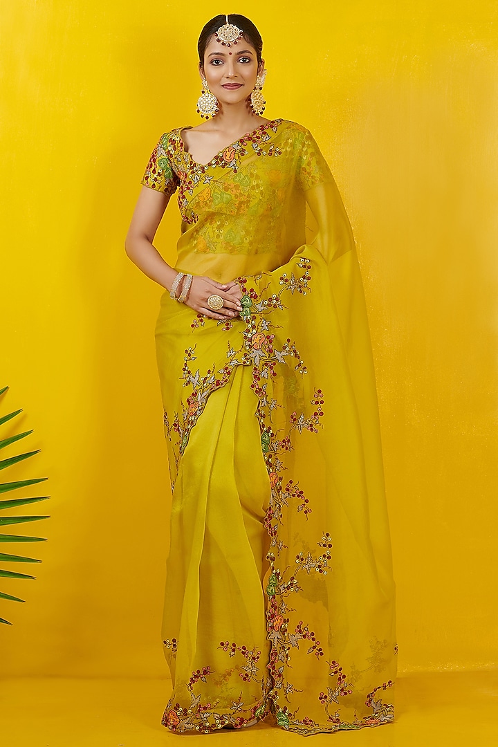 Lime Yellow Embroidered Saree Set by Rishi & Soujit