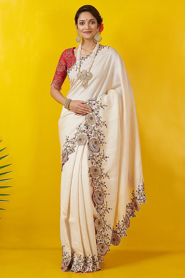 Ivory & Rani Pink Embroidered Saree Set by Rishi & Soujit