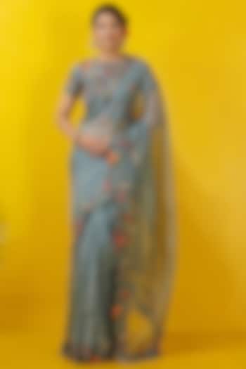 Slate Blue Embroidered Saree Set by Rishi & Soujit