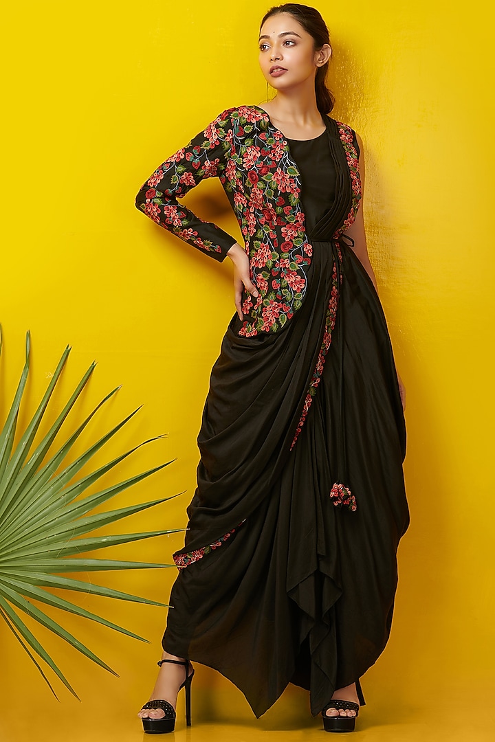 Black Embroidered Maxi Dress With Jacket by Rishi & Soujit