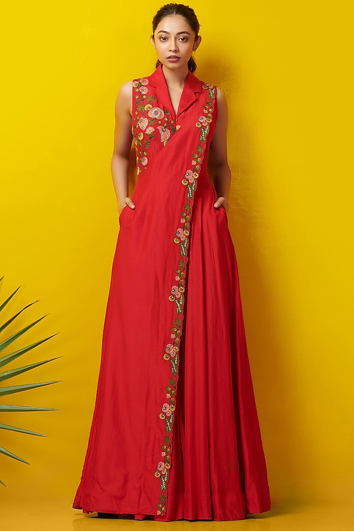 Red Embroidered Jumpsuit by Rishi & Soujit