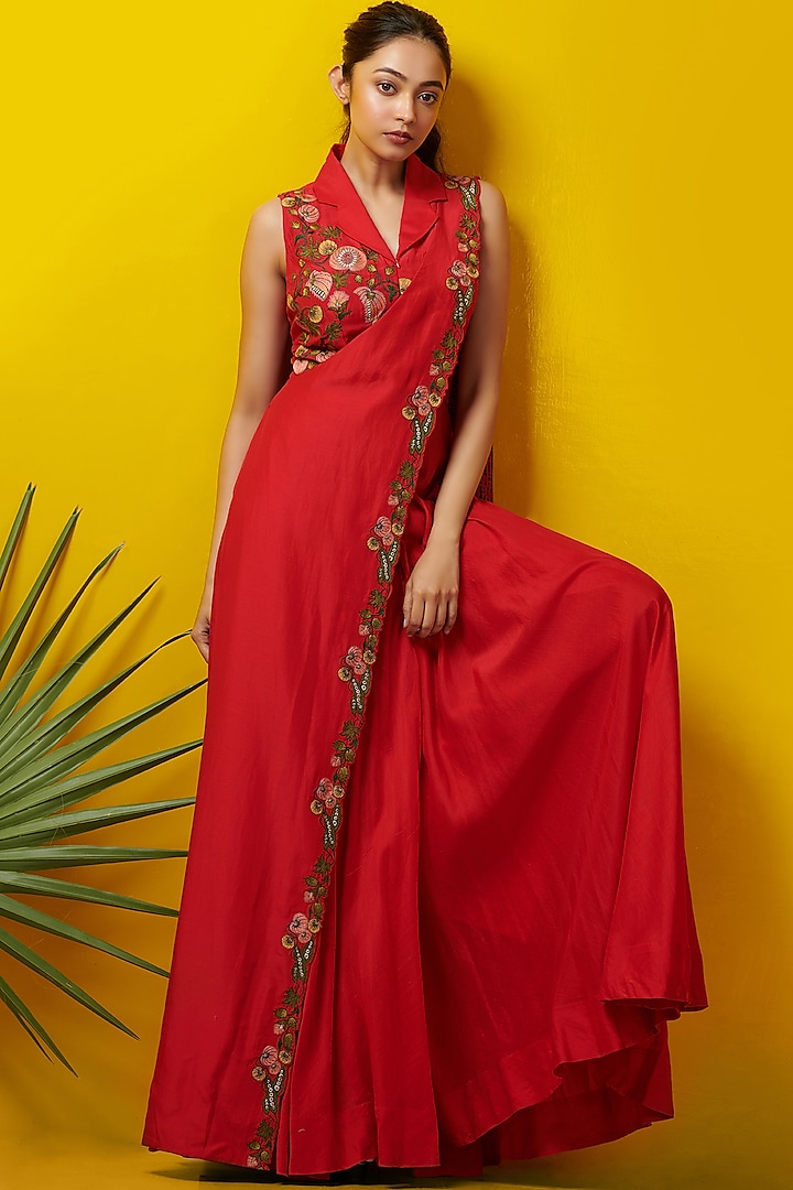 Red Embroidered Jumpsuit by Rishi & Soujit at Pernia's Pop Up Shop
