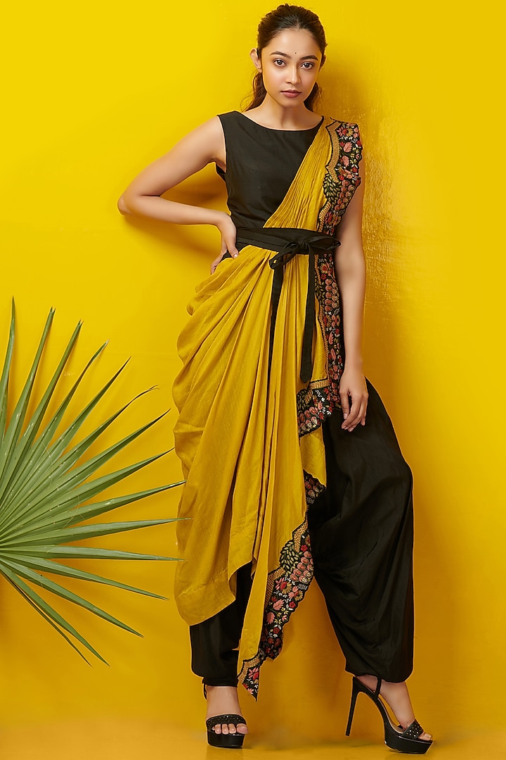 Black & Mustard Embroidered Jumpsuit by Rishi & Soujit