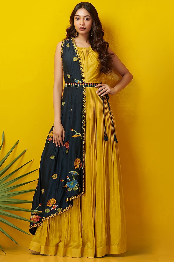Mustard & Black Embroidered Jumpsuit by Rishi & Soujit