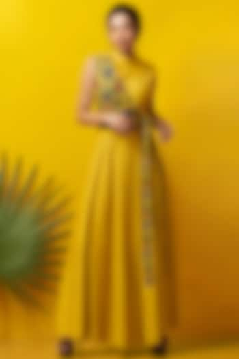 Mustard Embroidered Maxi Dress by Rishi & Soujit at Pernia's Pop Up Shop