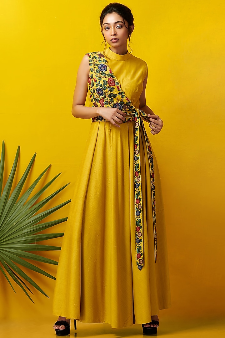 Mustard Embroidered Maxi Dress by Rishi & Soujit at Pernia's Pop Up Shop