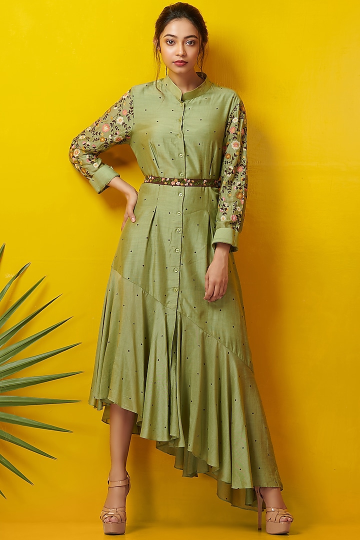 Olive Green Embroidered Asymmetric Dress by Rishi & Soujit